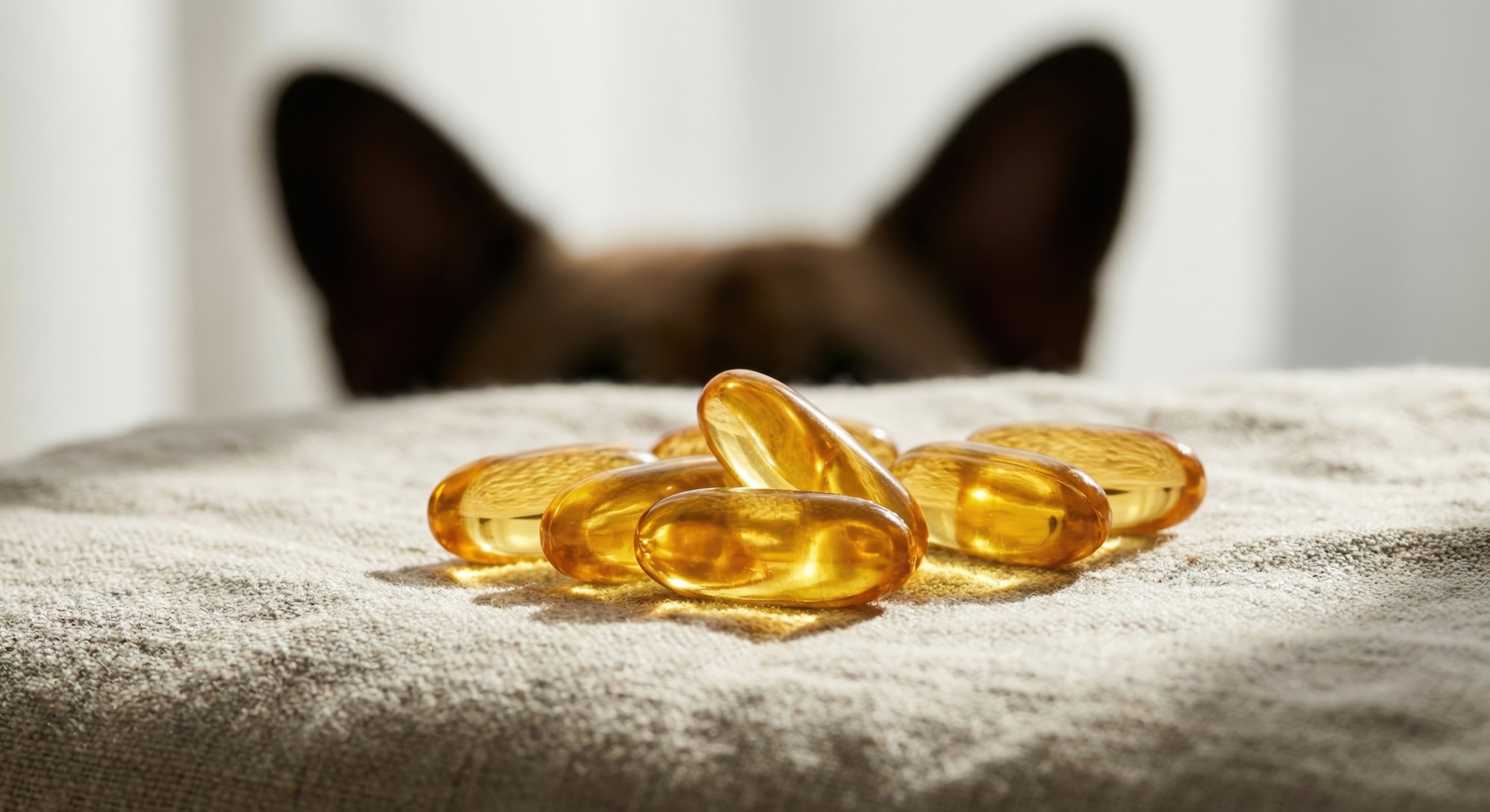 Fish Oil Capsules are Frequently Added to the Plan Fish Oil capsules on a counter with a dog in the background