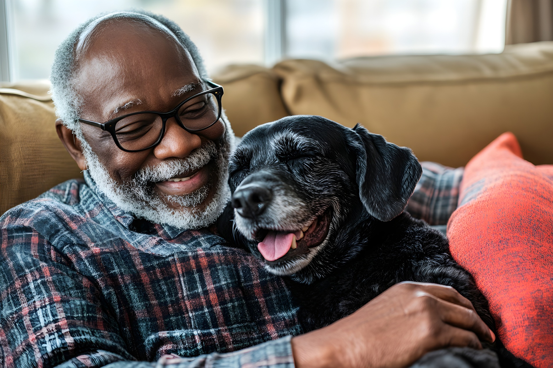 Man cuddling with senior lab on cough