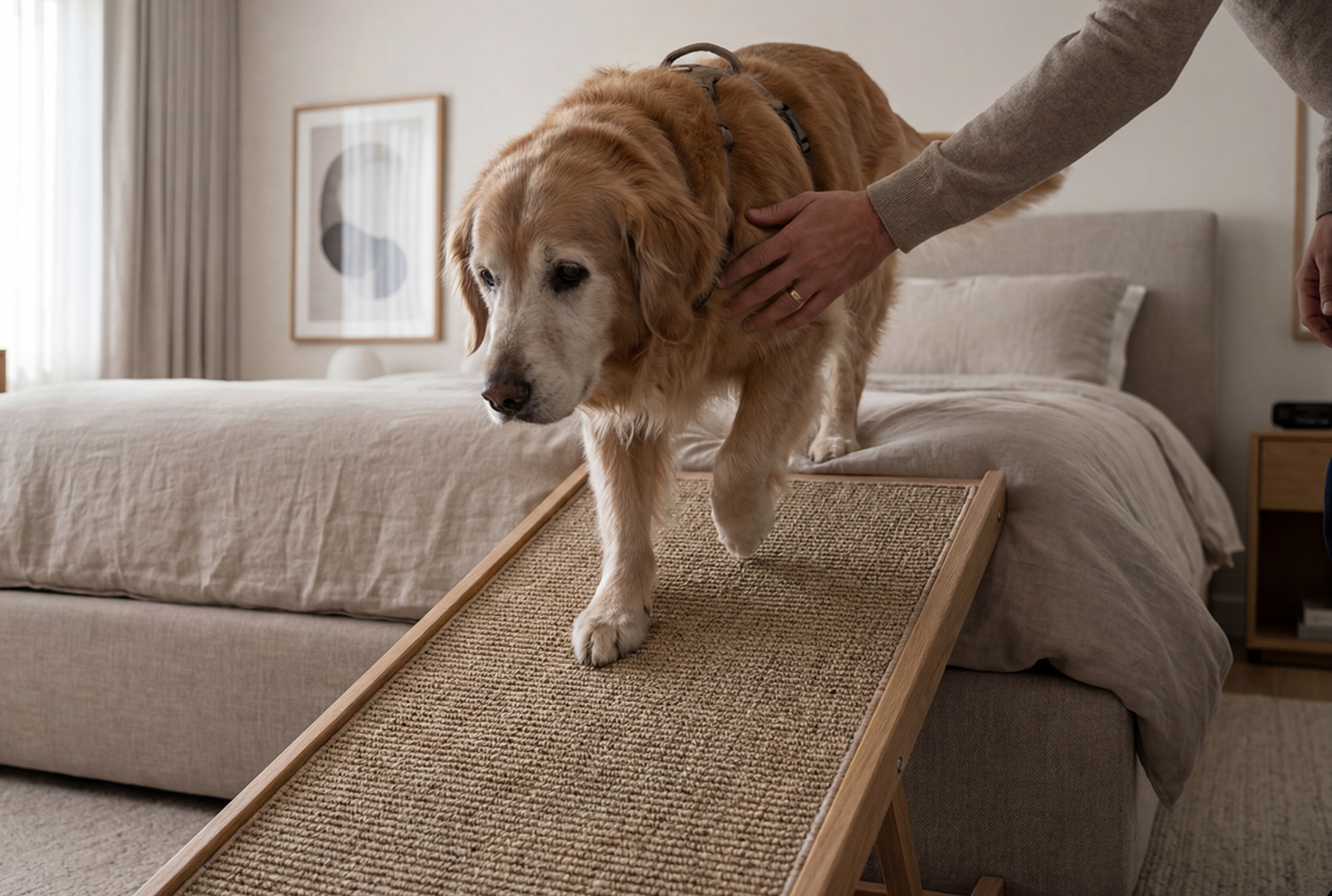 Using a bedside ramp Senior golden retriever walking down a bedside ramp with a person nearby to help.