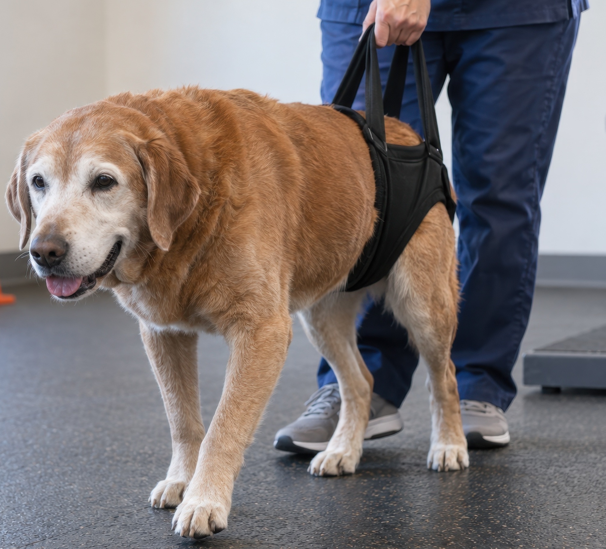 Using a rear harness can provide stability Senior golden retriever using a rear harness while walking